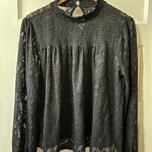 L Black Lace Flowy Mock Neck Blouse